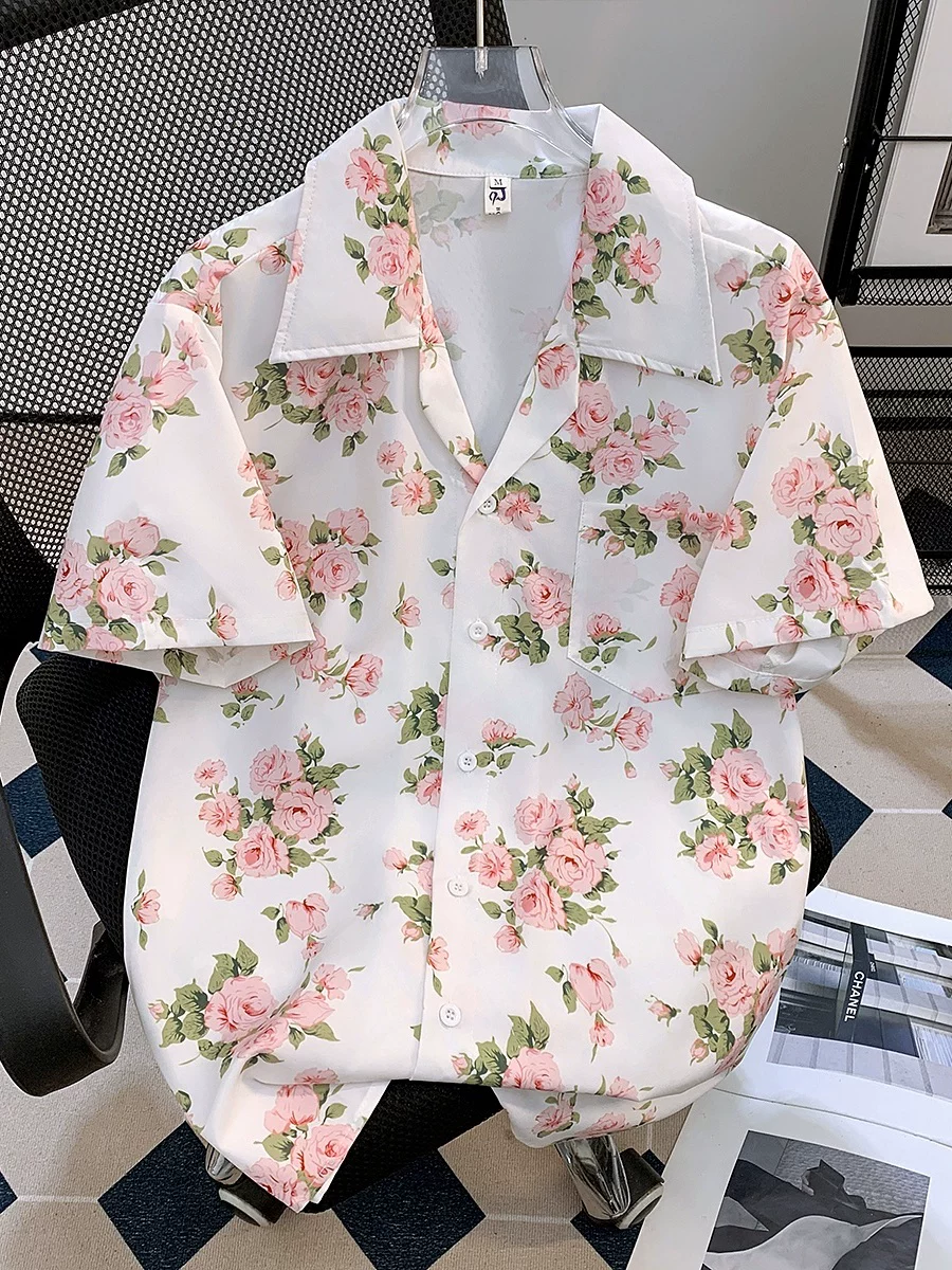 Áo sơ mi in họa tiết thời trang kiểu Nhật dành cho nam, áo sơ mi ngắn tay mùa hè, áo đôi chất liệu lụa đá Hawaii.