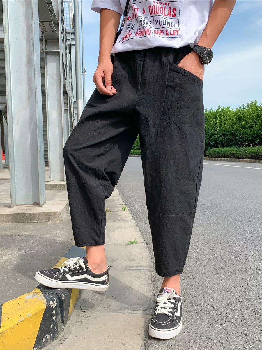 Quần ống đứng màu trơn mỏng phong cách Harajuku mùa hè dành cho nam, quần lửng thời trang Nhật Bản, dáng rộng, dài 9/10, quần thường ngày