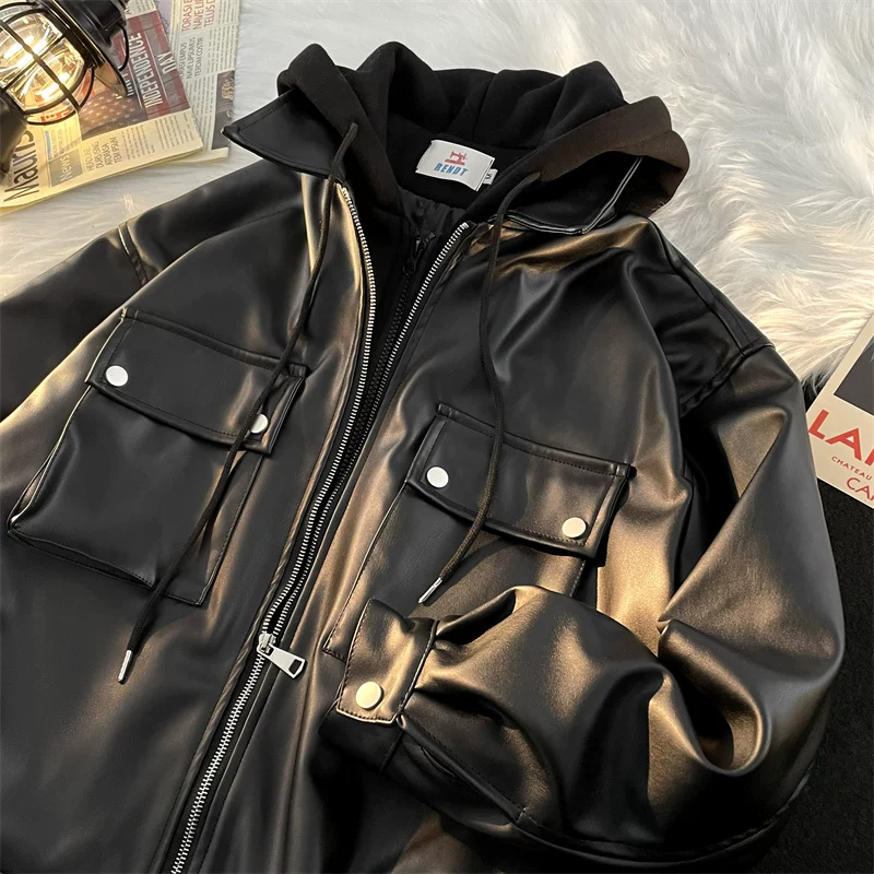 Áo khoác da nam mùa xuân thu, kiểu dáng rộng rãi phong cách Mỹ, áo khoác da PU giả hai lớp, áo khoác biker thời thượng cá tính phong cách đường phố.