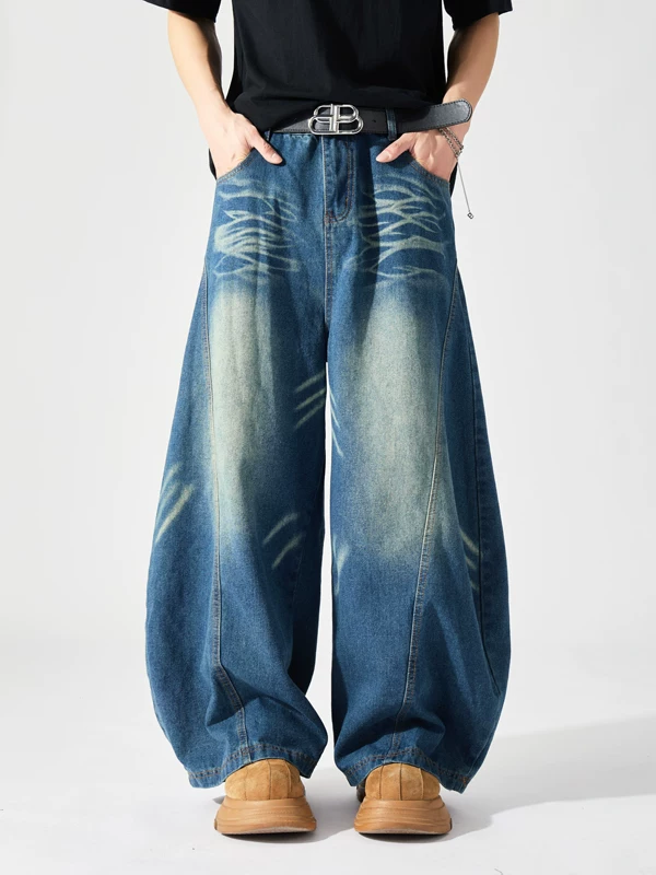 Quần jeans nam phong cách retro Mỹ cho mùa xuân hè, thương hiệu thời thượng, giặt mài và tạo hiệu ứng cũ kỹ, dáng rộng ống loe nhẹ, dài chạm đất.