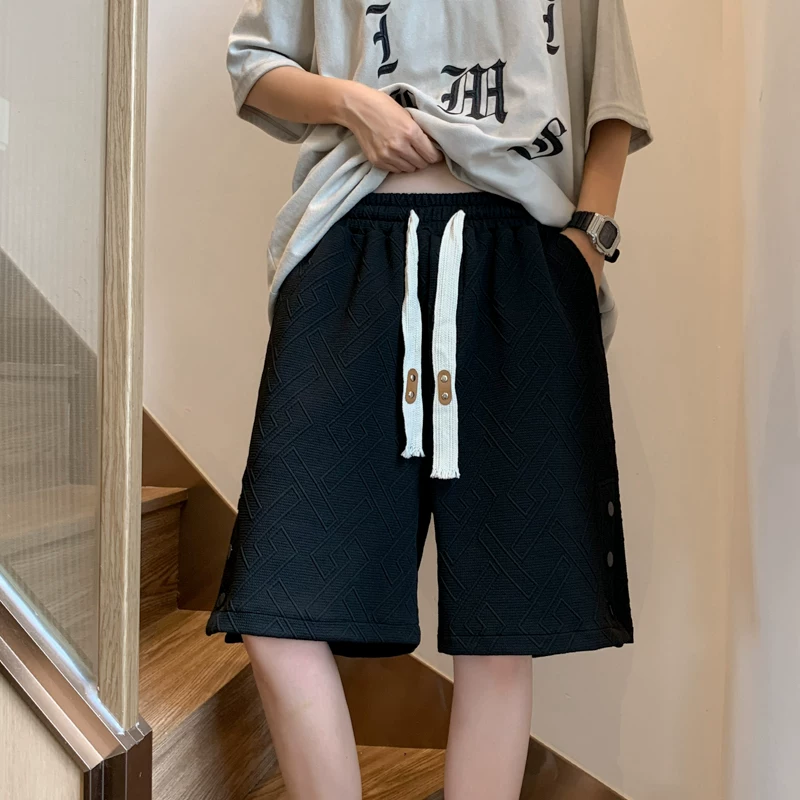 Quần short thể thao có cúc cho nam, quần jacquard thời trang phong cách Hồng Kông, quần short năm điểm dáng rộng thoải mái mùa hè.