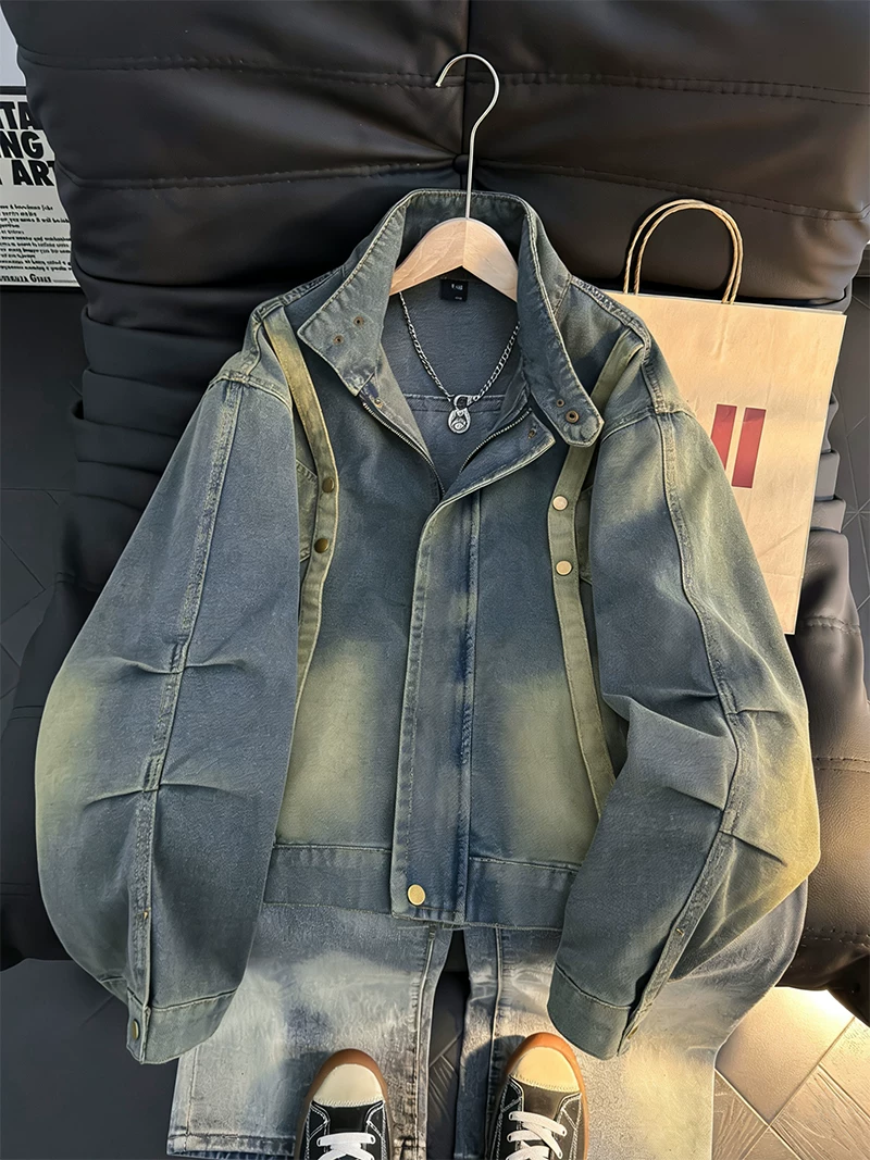 Áo khoác denim cổ đứng có thể giặt được dành cho nam, áo khoác có khóa kéo dáng rộng hợp thời trang mùa xuân thu, áo khoác cao cấp và phong cách Mỹ.