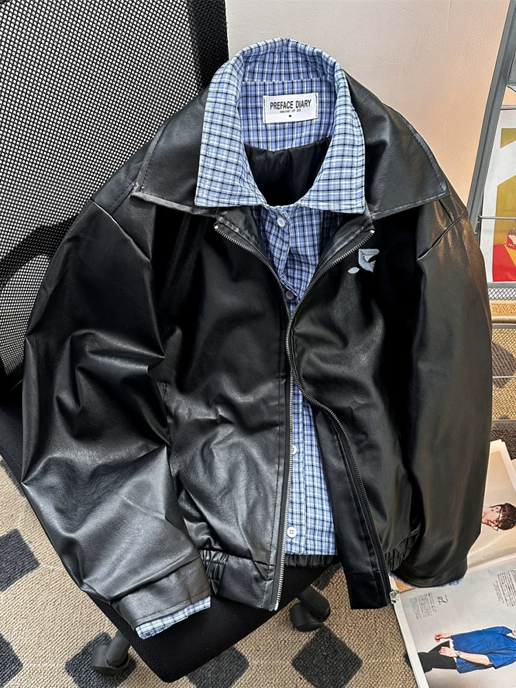 Áo khoác da giả hai mảnh phối màu cho nam, thương hiệu thời thượng, áo khoác da cổ điển sành điệu cho nam, áo khoác da PU kiểu Mỹ dành cho cặp đôi mùa xuân thu.
