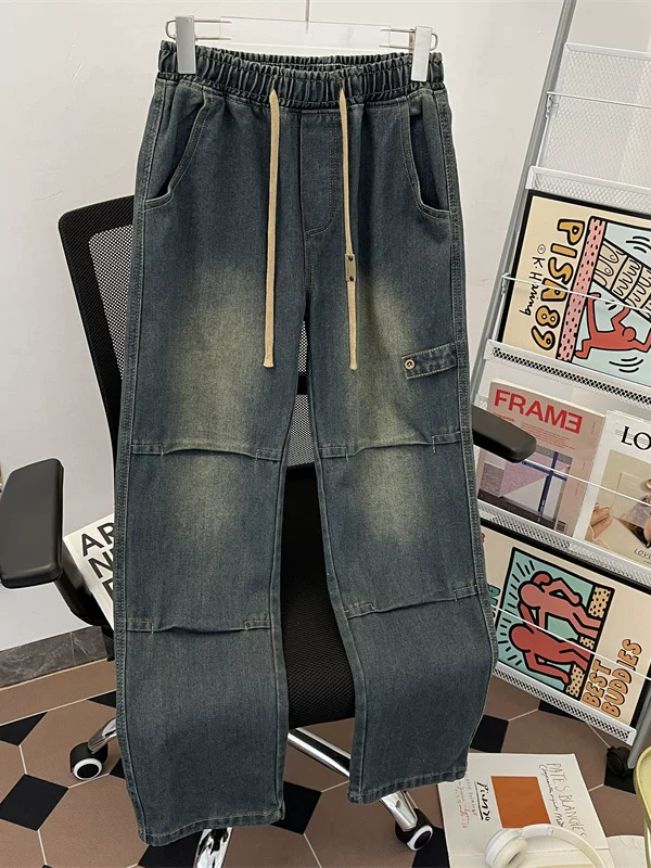 Quần jean thiết kế xếp ly kiểu Mỹ dành cho nam, kiểu dáng mỏng mùa hè, quần ống đứng rộng rãi, quần dài phong cách casual cá tính.