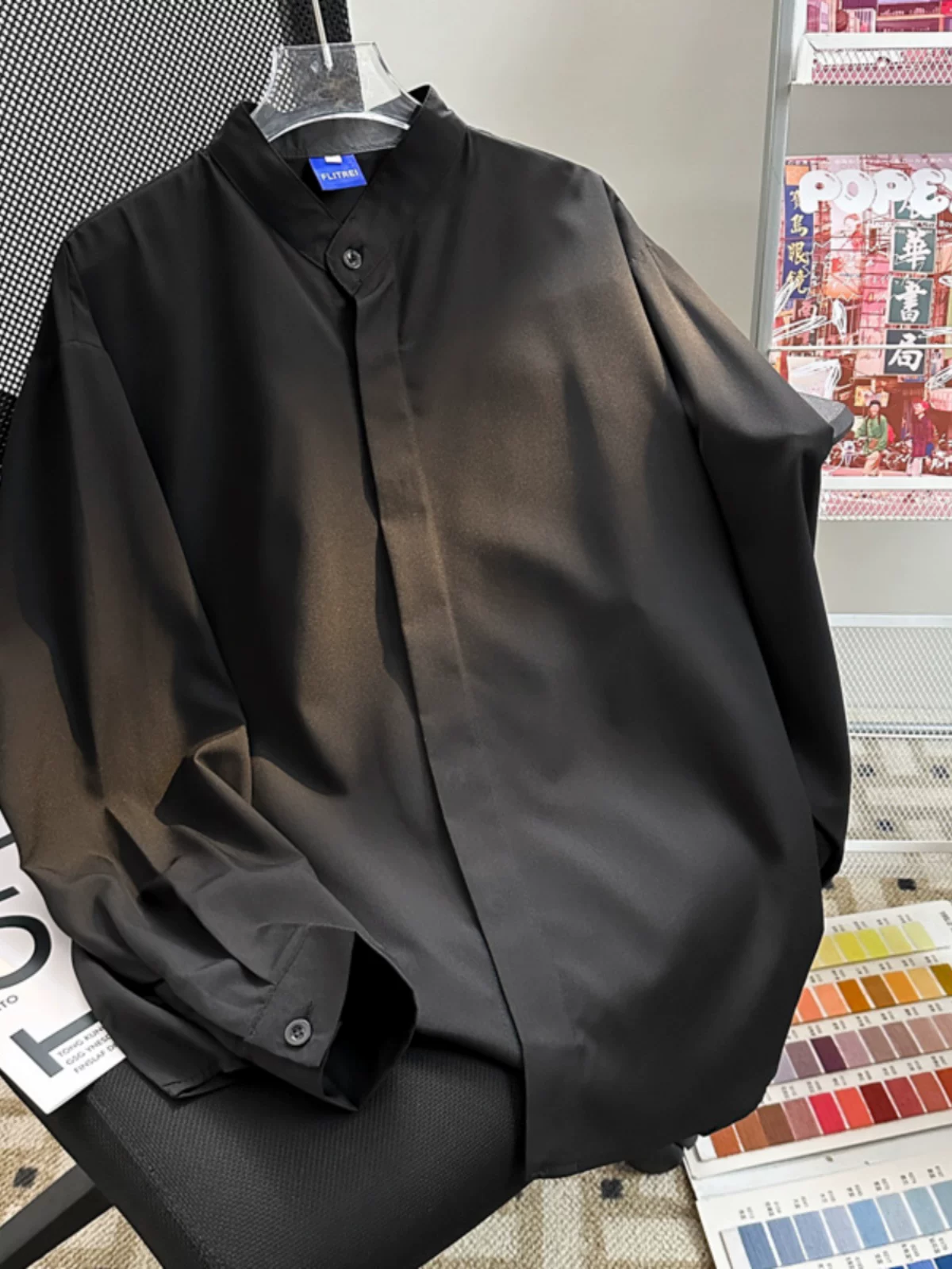 Áo sơ mi cổ đứng kiểu Trung Quốc mới dành cho nam, tay dài, dáng rộng, áo sơ mi DK màu trắng, áo kiểu dáng thời thượng cao cấp mùa hè.