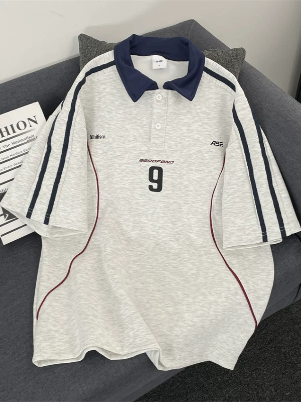 Áo polo thể thao kiểu Mỹ dành cho nam và nữ, phối màu, có cổ, tay ngắn, thiết kế thời thượng, áo bóng rổ dáng rộng.