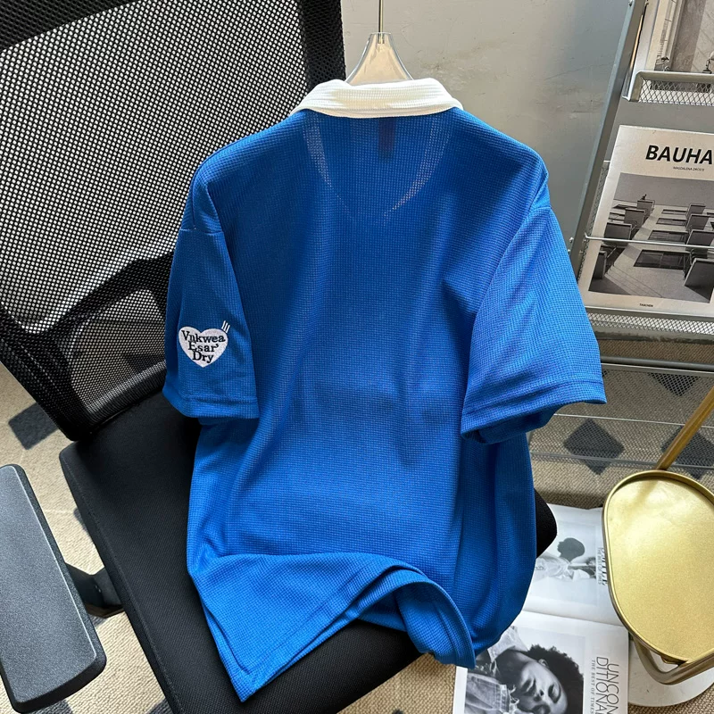 Áo polo thêu phối màu nam tay ngắn, chất liệu waffle, cổ bẻ, kiểu dáng thời trang Mỹ, form rộng, áo đôi, tay lửng mùa hè