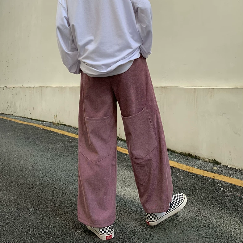 Quần nam mùa xuân thu, phong cách Hồng Kông, quần vải nhung cổ điển, thương hiệu thời thượng, dáng rộng, túi lớn, ống thẳng, quần dài chạm đất.