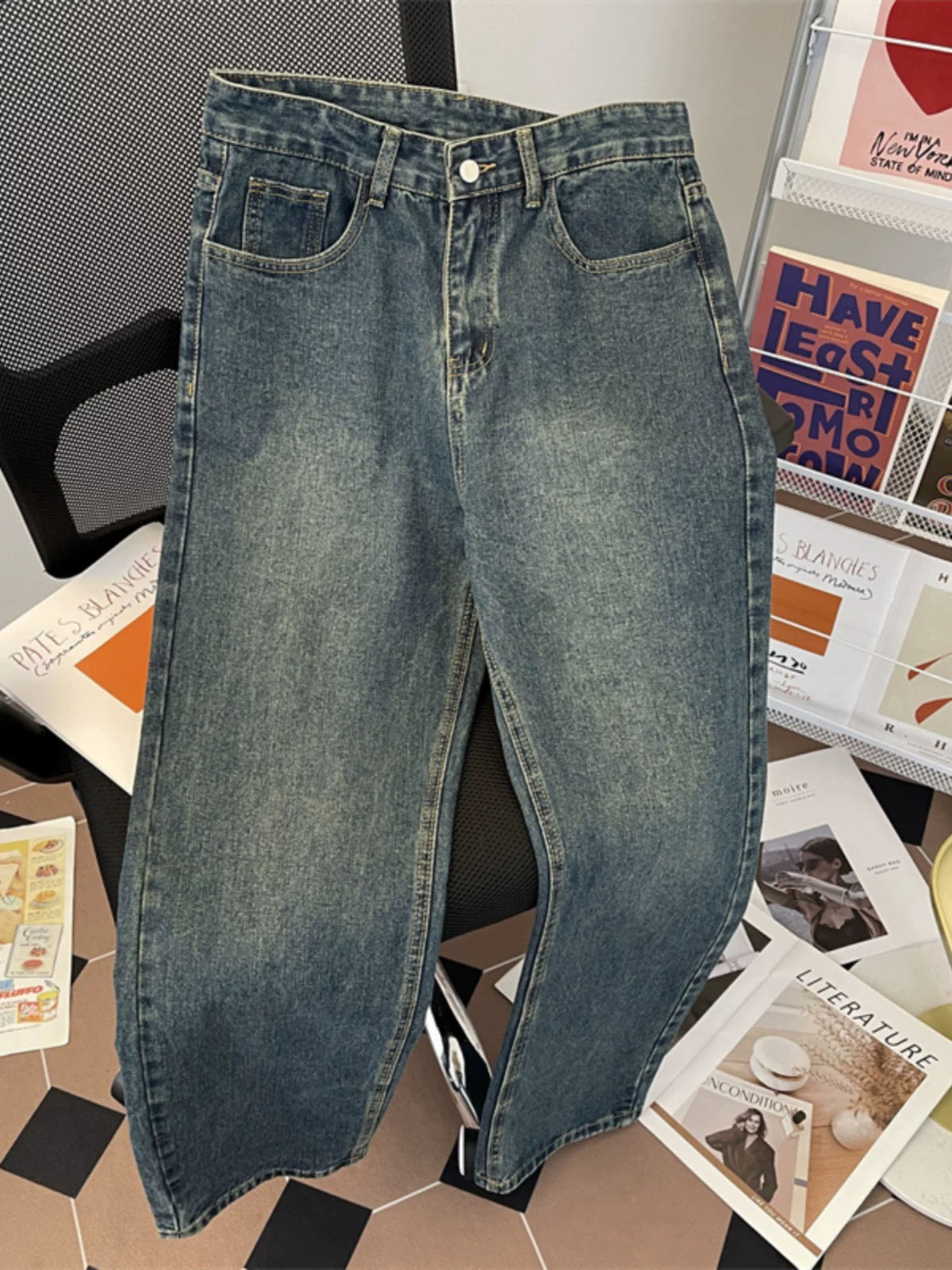 Quần jean vintage mùa hè dành cho nam, quần dài kiểu Mỹ cổ điển, quần dài ống rộng thời trang đa năng, phong cách thường ngày.