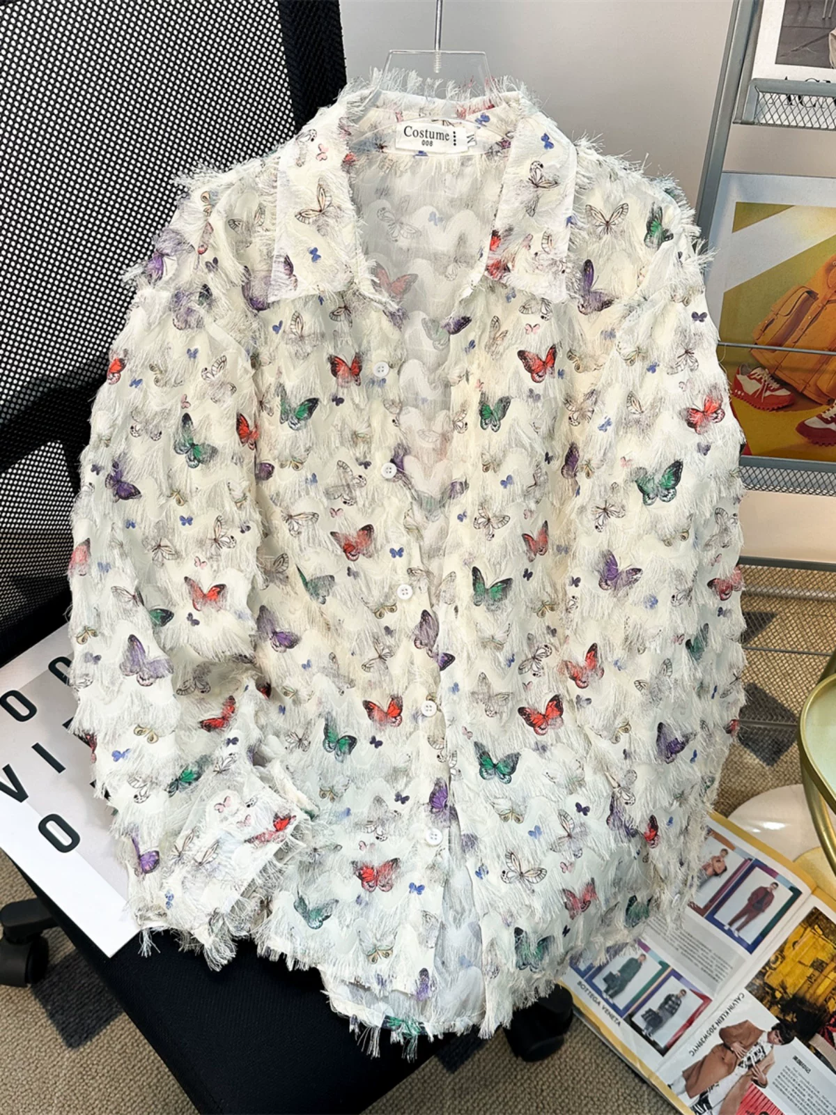 Áo sơ mi nam họa tiết bướm tua rua, tay dài, thiết kế độc đáo mùa hè, áo thời trang Mỹ, áo khoác cặp đôi.