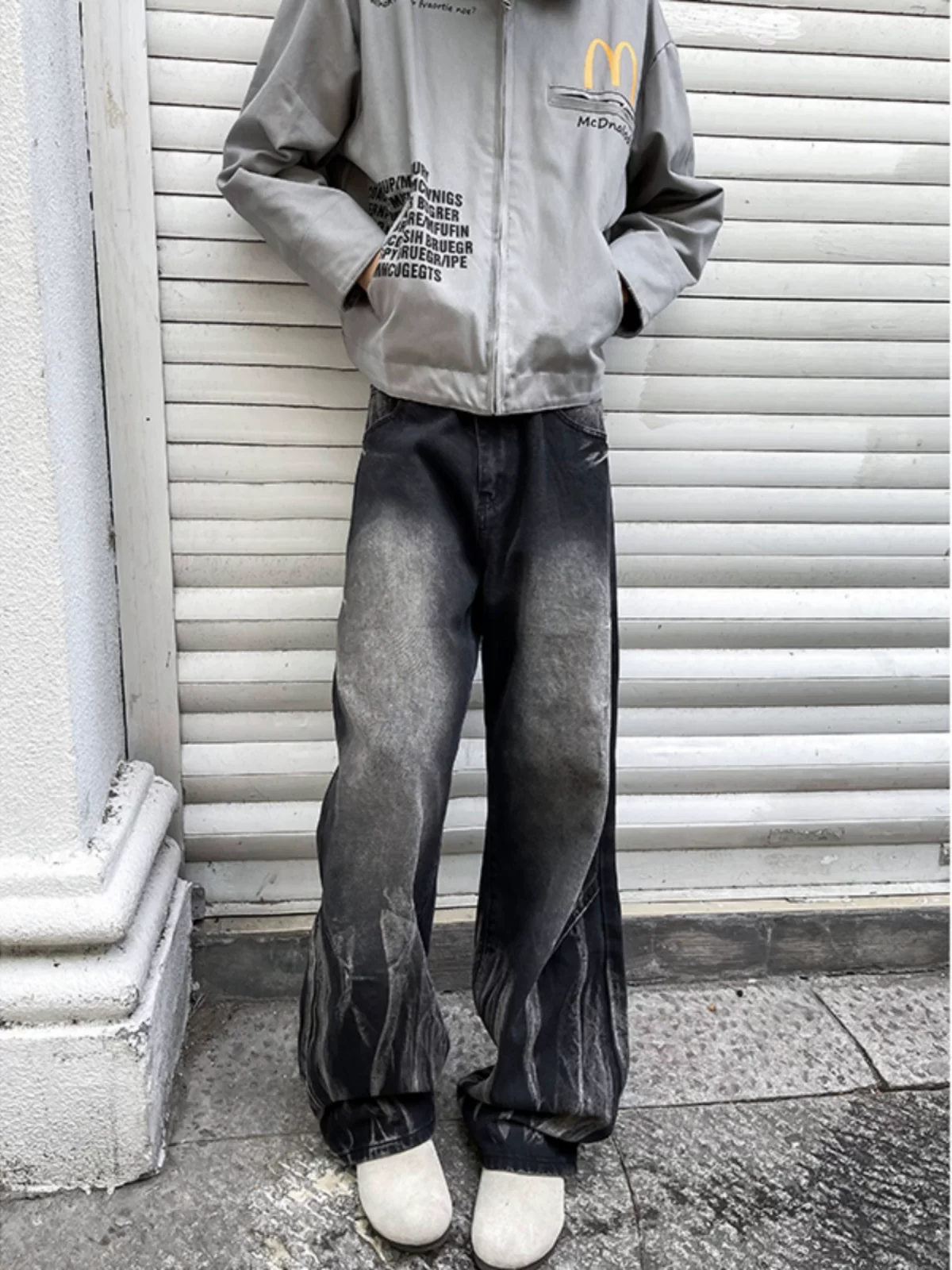 Quần jeans tie-dye retro Mỹ dành cho nam, mẫu mới xuân thu 2024, quần ống rộng dáng suông, chất liệu washed, thương hiệu thời trang.