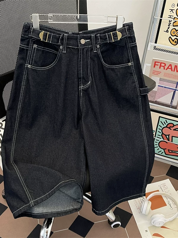 Quần short nam kiểu Mỹ retro, thời trang đường phố, dáng rộng, ống rộng, mùa hè 2025, quần dài vừa phải, kiểu dáng mới.