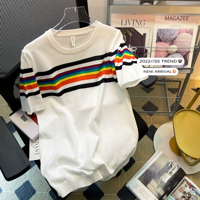 Áo thun nam tay ngắn sọc phối màu, áo dệt kim nửa tay thời trang mùa hè, áo thun dáng rộng phong cách Hàn Quốc sành điệu.