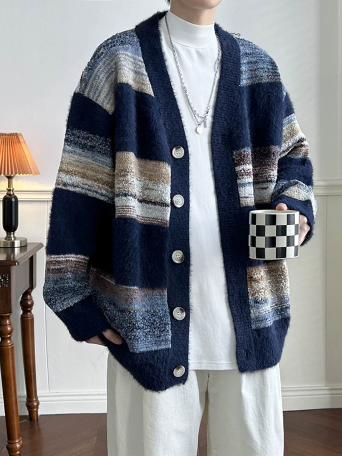 Áo len cardigan phối màu mùa thu đông Áo len dệt kim phong cách retro của cặp đôi Mỹ thương hiệu thời trang ins áo khoác dáng rộng phong cách lười biếng