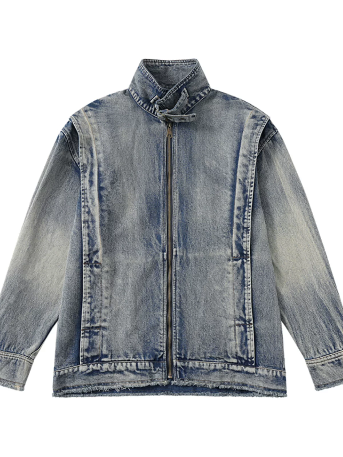 Áo khoác denim nam dày dặn, đã qua xử lý, dáng rộng, cổ đứng, phong cách biker, thời trang thu đông, kiểu Mỹ, phong cách workwear.