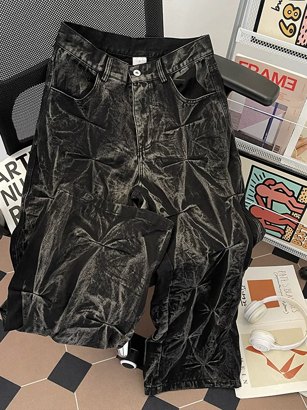 Quần jeans xếp ly dài chạm sàn dành cho nam, thương hiệu thời trang mùa hè, quần ống rộng rách cá tính, quần dài thiết kế độc đáo phong cách Mỹ.