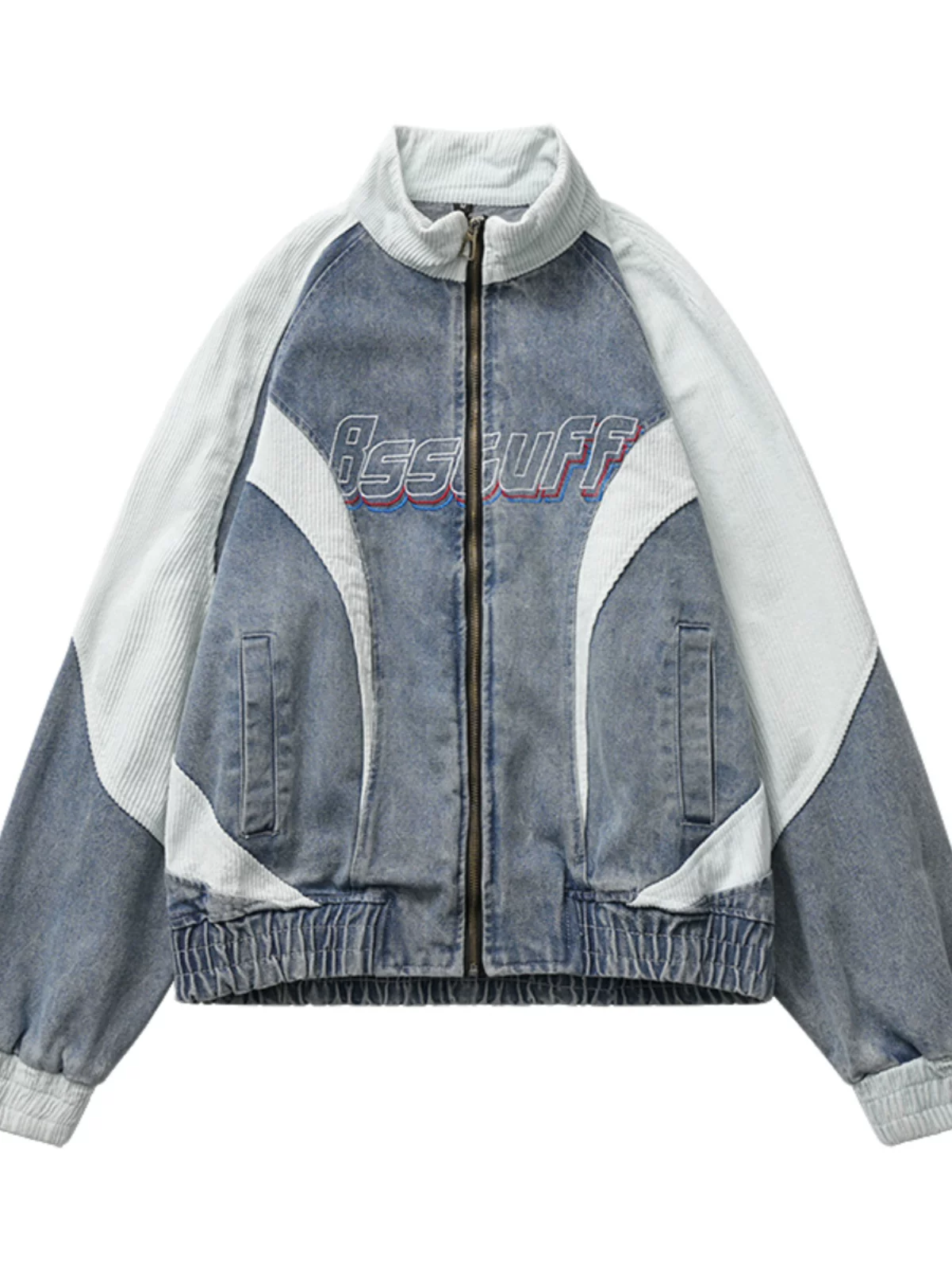 Áo khoác denim thêu phối vải dành cho nam, phong cách đường phố Mỹ cổ điển mùa xuân thu, kiểu dáng rộng rãi cổ đứng, áo khoác thương hiệu thời thượng.