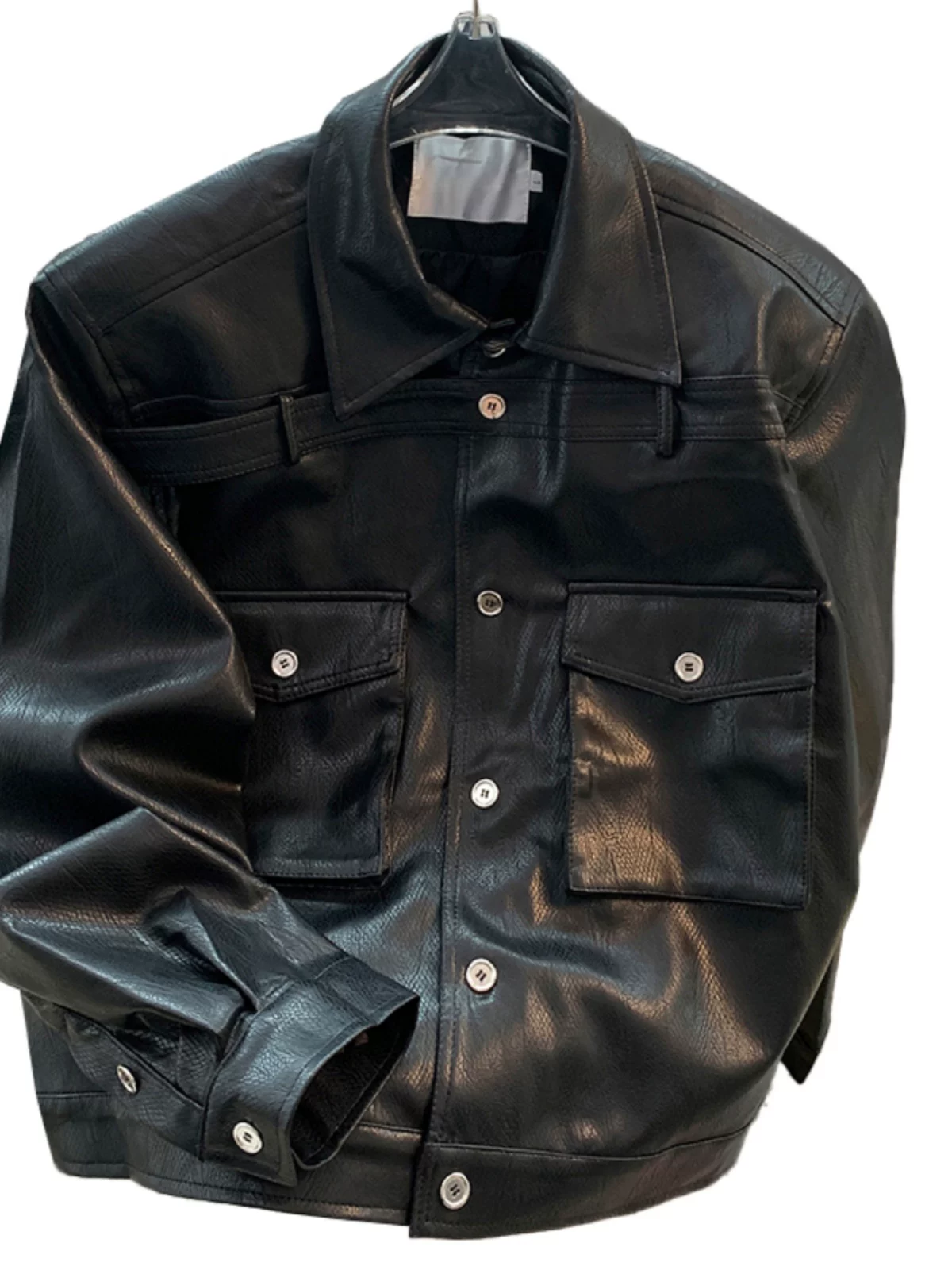 Áo khoác da thiết kế phá cách dành cho nam, phong cách Mỹ thời thượng mùa xuân thu, áo khoác da PU cá tính, dáng rộng, cổ lật, kiểu áo khoác biker.