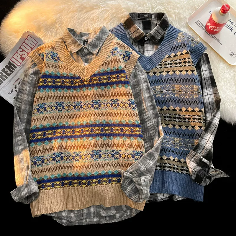 Áo vest dệt kim cổ chữ V phong cách retro Nhật Bản dành cho nam, áo len không tay đa năng mùa thu, phong cách cặp đôi hợp thời trang.