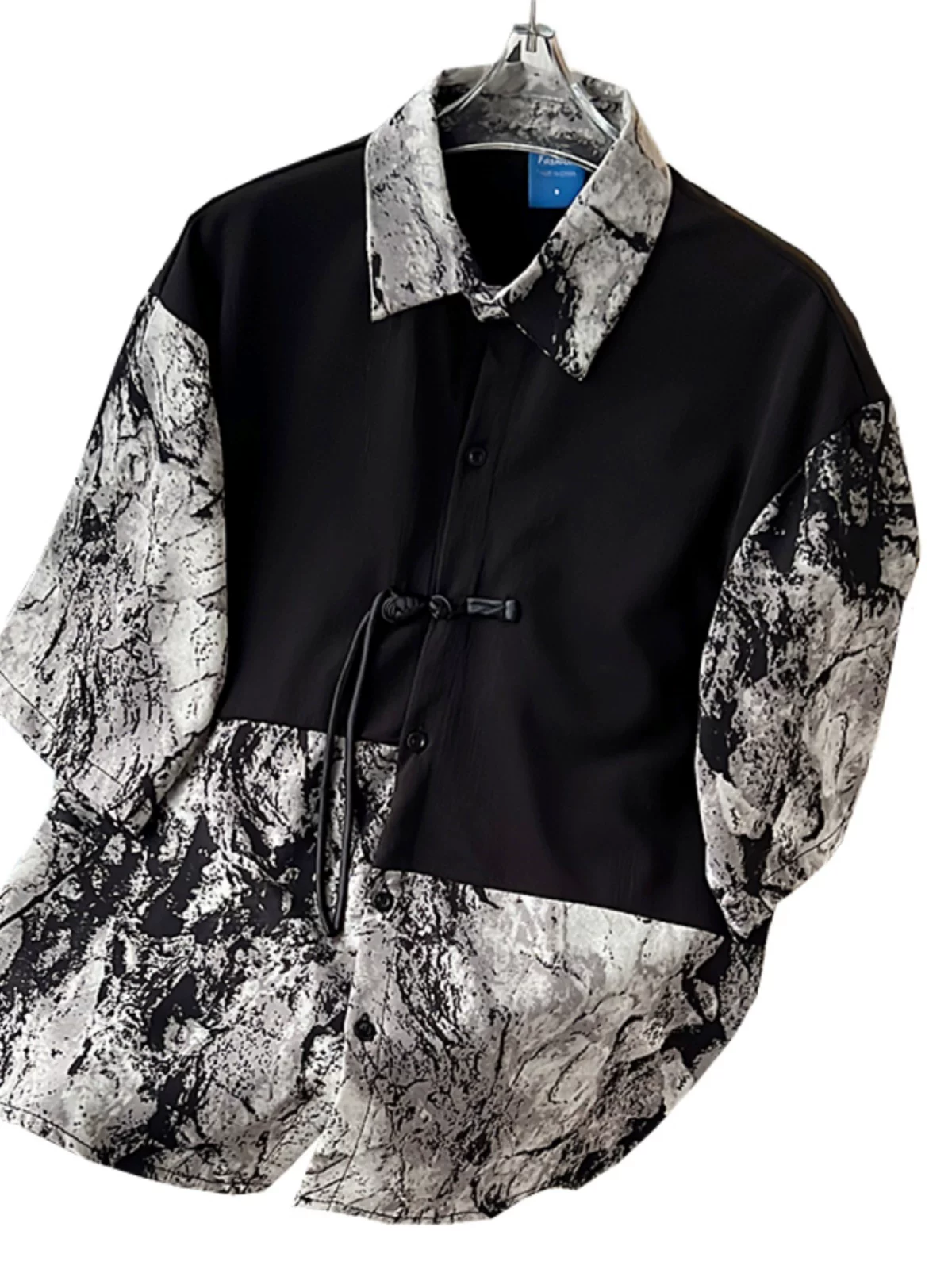 Áo sơ mi nam phối màu nhuộm chàm, kiểu Trung Quốc mới, tay ngắn, mùa hè, dáng rộng, thời trang cao cấp.