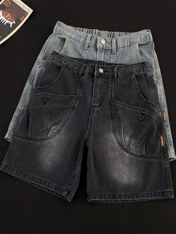 Quần short denim ống đứng phong cách Mỹ cổ điển mới dành cho nam mùa hè, thiết kế có túi, quần short dài vừa phải hợp thời trang.