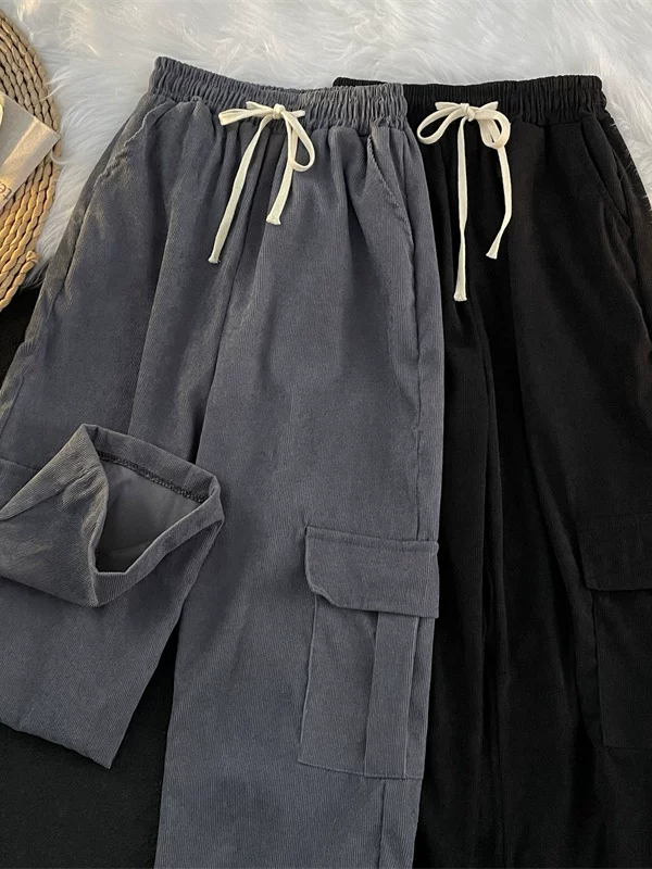 Quần cargo nhiều túi mùa thu nam quần nhung kẻ thương hiệu thời thượng phong cách Hồng Kông quần rộng rãi cho cặp đôi sinh viên quần thường ngày