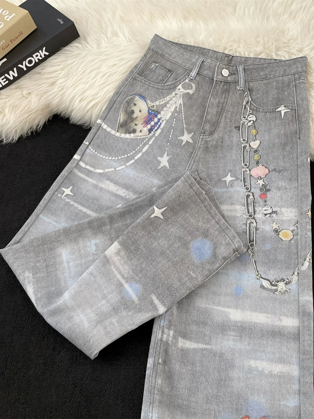 Quần jean in 3D dành cho nam và nữ, quần ống đứng phong cách thời thượng mùa xuân thu, quần ống rộng dáng rộng phong cách retro Mỹ.