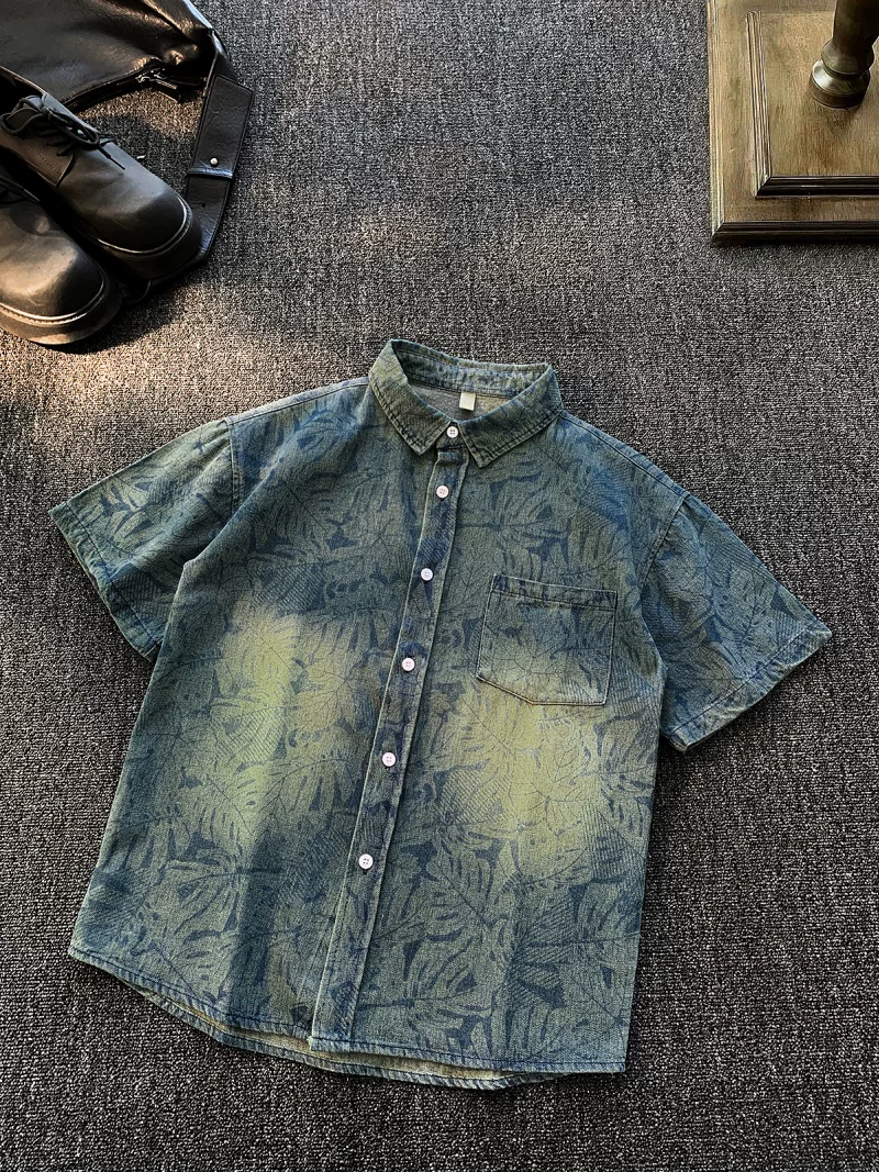 Áo sơ mi denim ngắn tay đã qua giặt, kiểu dáng vintage dành cho nam, áo kiểu mùa hè rộng rãi thoải mái, áo khoác phong cách Mỹ thời thượng, cá tính.