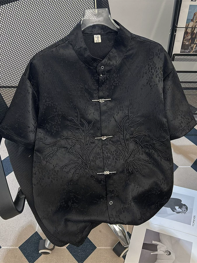 Áo sơ mi nam cổ đứng thêu, kiểu Trung Quốc mới thời thượng với khuy cài truyền thống, áo khoác retro phong cách thường ngày.