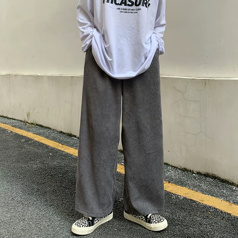 Quần nam mùa xuân thu, phong cách Hồng Kông, quần vải nhung cổ điển, thương hiệu thời thượng, dáng rộng, túi lớn, ống thẳng, quần dài chạm đất.