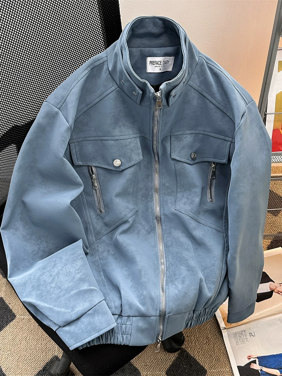 Áo khoác da kiểu Mỹ dành cho nam, mùa xuân, cao cấp, áo khoác da PU cá tính và thời trang, áo khoác Harrington cổ đứng kiểu dáng gọn gàng.