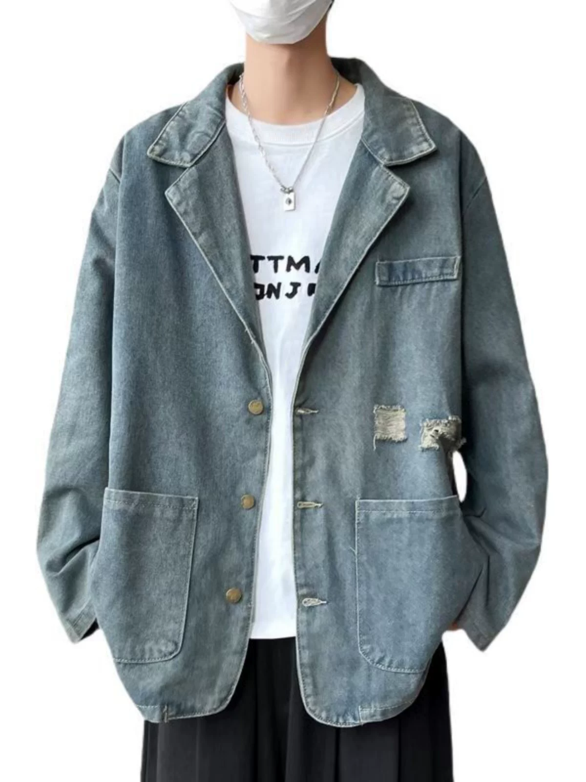 Áo khoác denim cổ áo kiểu suit, áo khoác thời trang xuân thu, áo khoác nam rộng rãi phong cách Mỹ cổ điển.