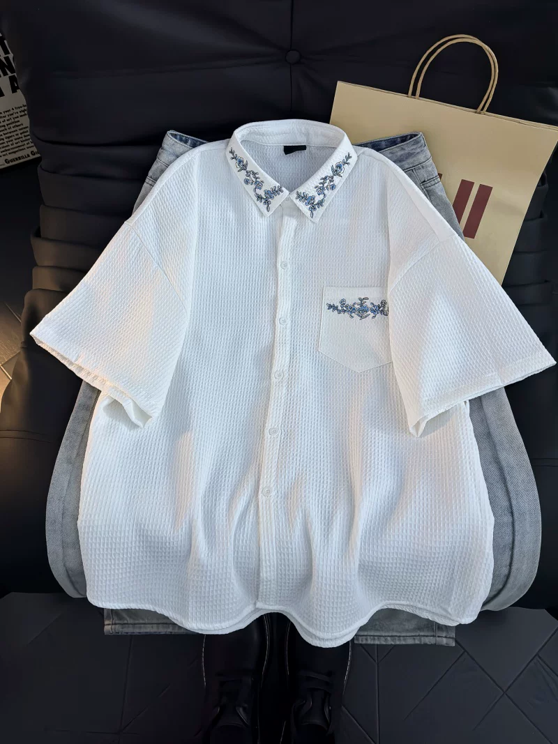 Áo sơ mi ngắn tay kiểu waffle phong cách Mỹ dành cho nam và nữ, thương hiệu thời thượng, áo thêu dáng rộng, áo khoác sơ mi mùa hè thường ngày.