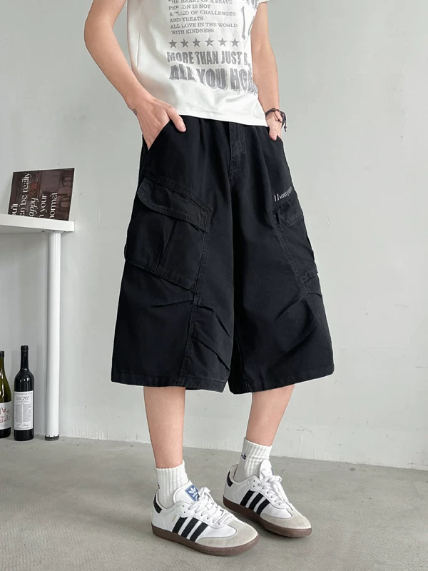 Quần short nam nhiều túi, thương hiệu thời thượng, dáng rộng, thiết kế xếp ly, quần ống đứng, quần short ống rộng mùa hè.