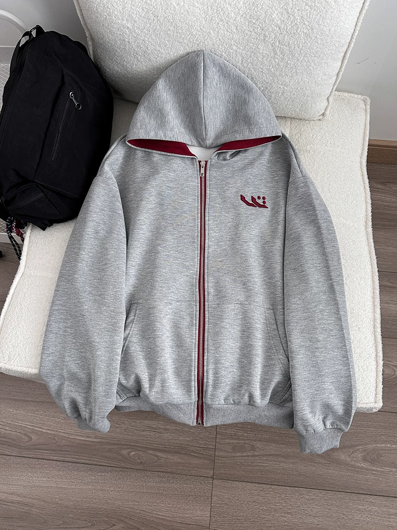 Áo khoác có mũ thêu kiểu Mỹ dành cho nam và nữ, áo khoác có khóa kéo thường ngày mùa xuân thu, áo khoác ngoài rộng rãi hợp thời trang dành cho cặp đôi.