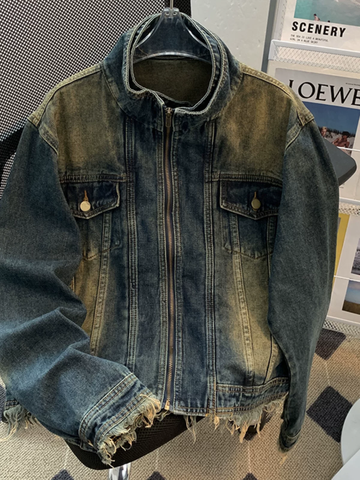 Áo khoác denim giả hai mảnh phong cách Mỹ dành cho nam, dáng rộng, cổ đứng, kiểu dáng cổ điển, áo khoác thường ngày hợp thời trang mùa xuân thu.