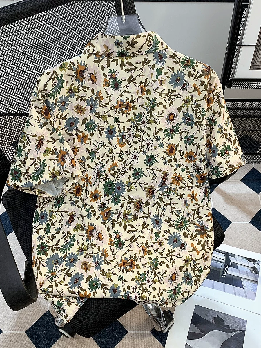 Áo sơ mi ngắn tay in họa tiết hoa cúc cho nam, áo sơ mi nửa tay dáng rộng phong cách vintage mùa hè, áo khoác đi biển Hawaii hợp thời trang
