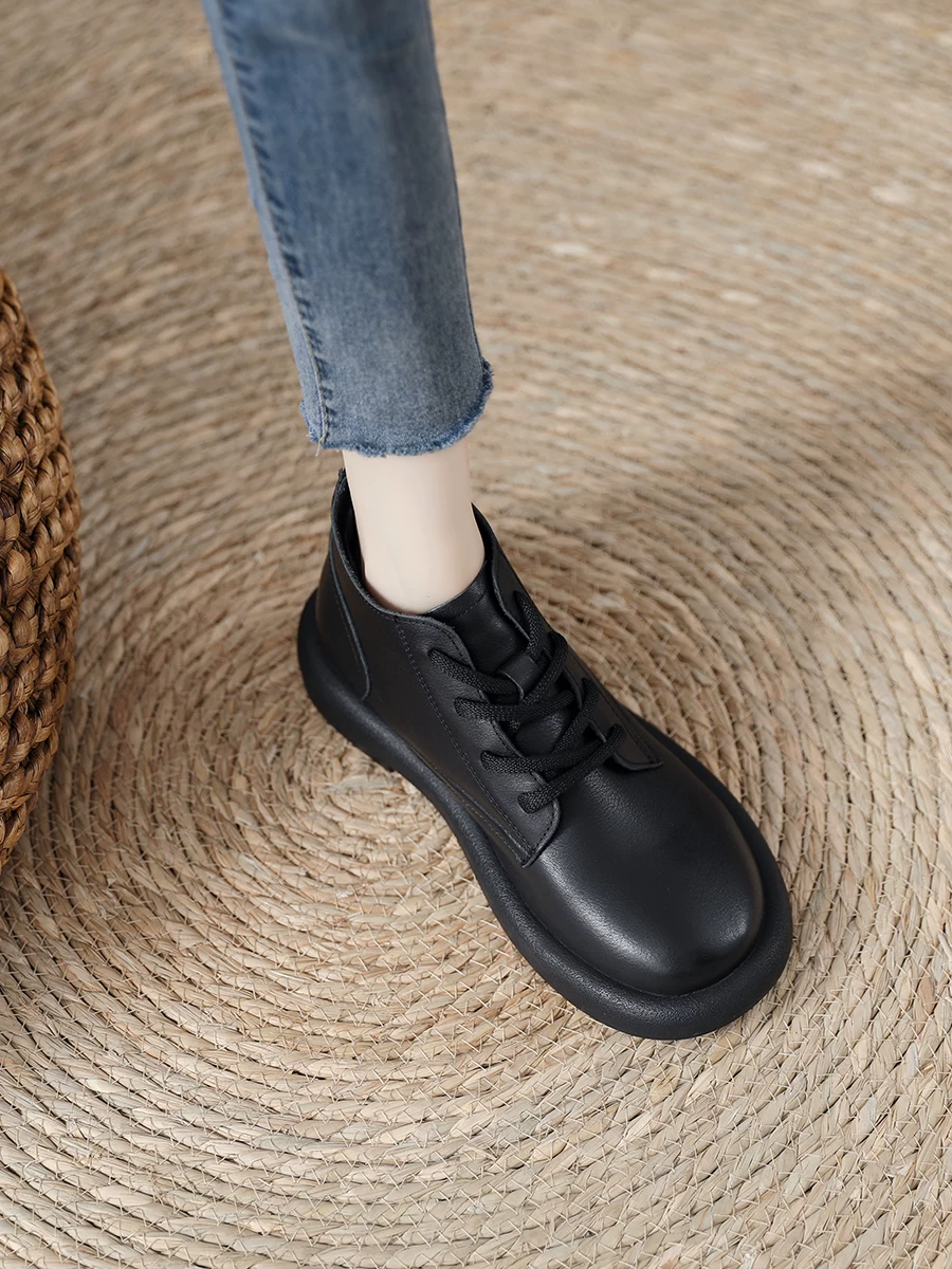 Giày bốt Martin da bò retro nữ, bốt ngắn lót lông cừu mùa đông, mẫu giày bốt nữ mới 2025, bốt ngắn đế mềm da thật phong cách thường ngày.