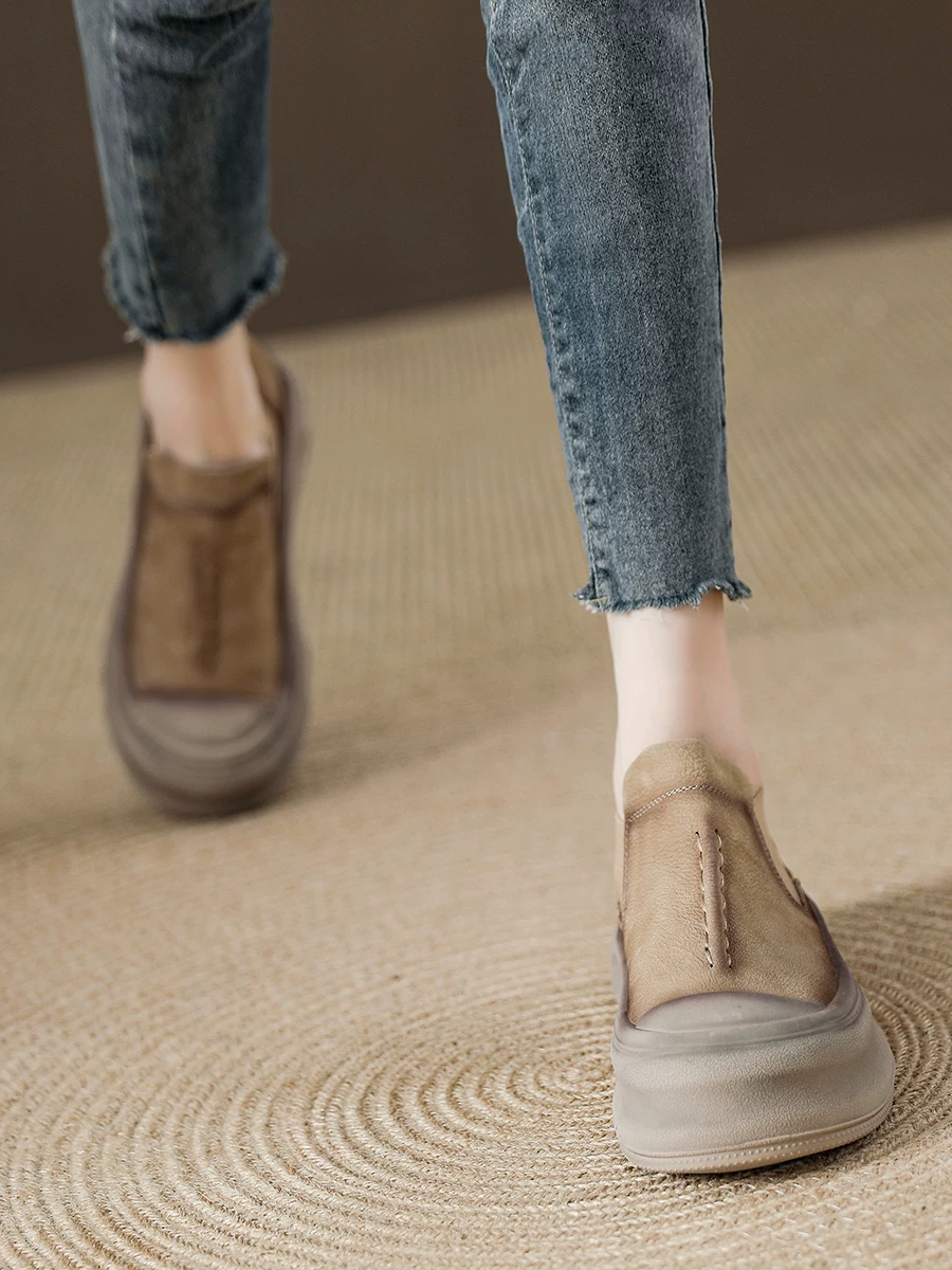 Giày bốt cổ ngắn da thật phong cách retro dành cho nữ, giày bốt cổ ngắn đế dày, kiểu dáng mới mùa xuân 2026, giày lười cao cổ phong cách thường ngày.