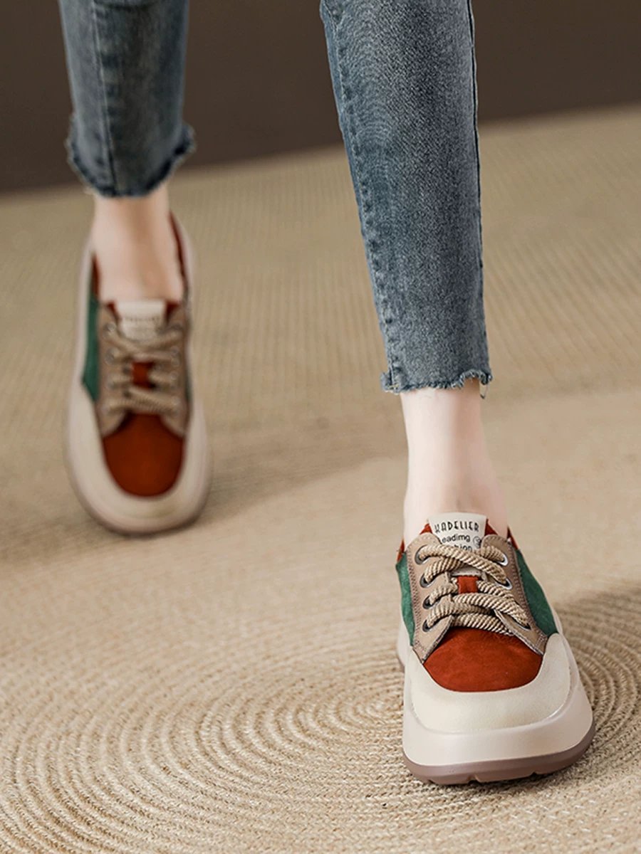 Giày thể thao nữ da bò phối màu retro, đế dày, đi được hai kiểu, chất liệu da thật, mẫu mới thu 2025, giày thể thao thường ngày.