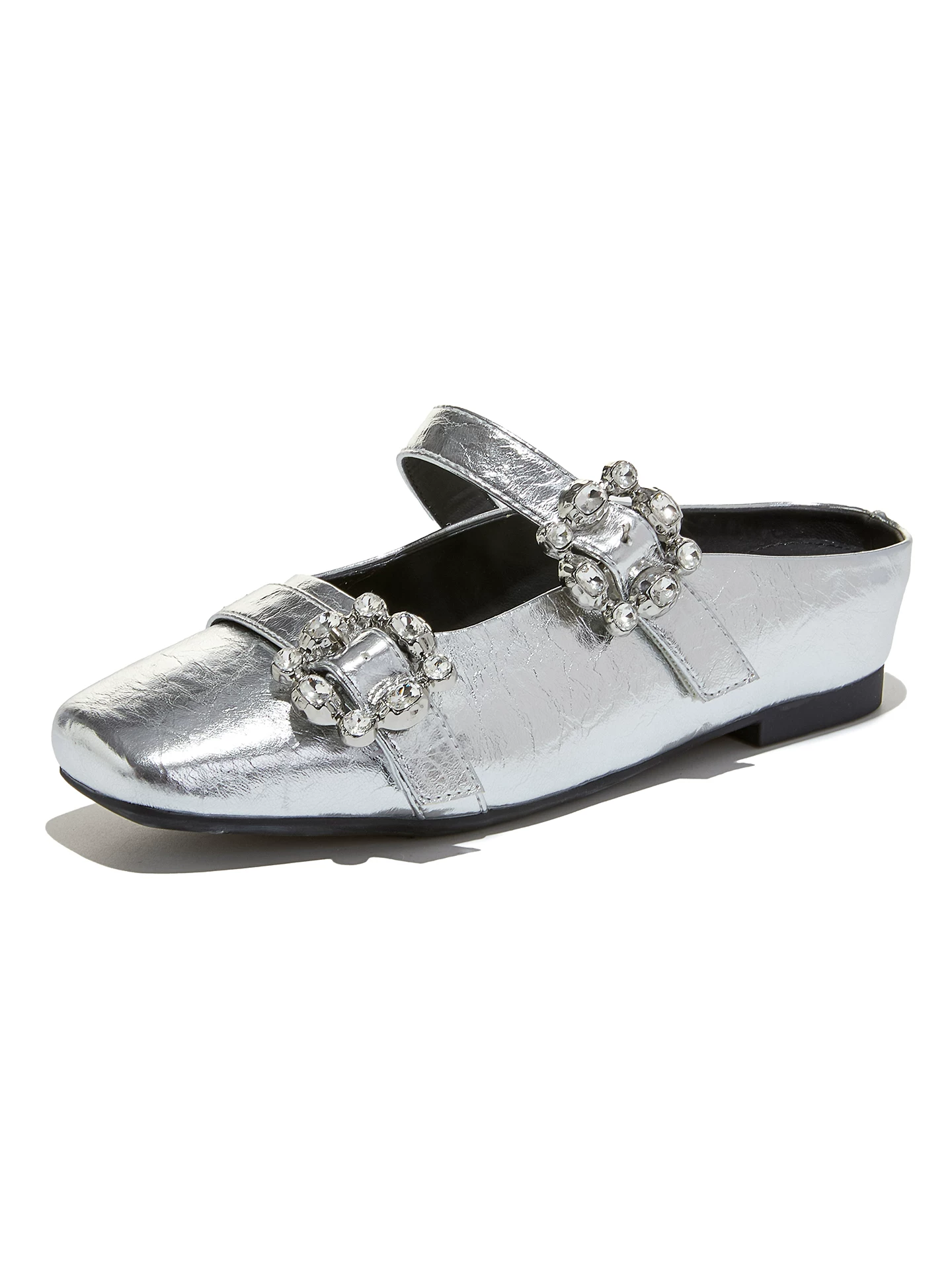 Dép nửa kín mũi đính đá pha lê bạc dành cho nữ, sandal đế xuồng mùa hè, giày Mary Jane kiểu Hepburn Pháp mới năm 2026