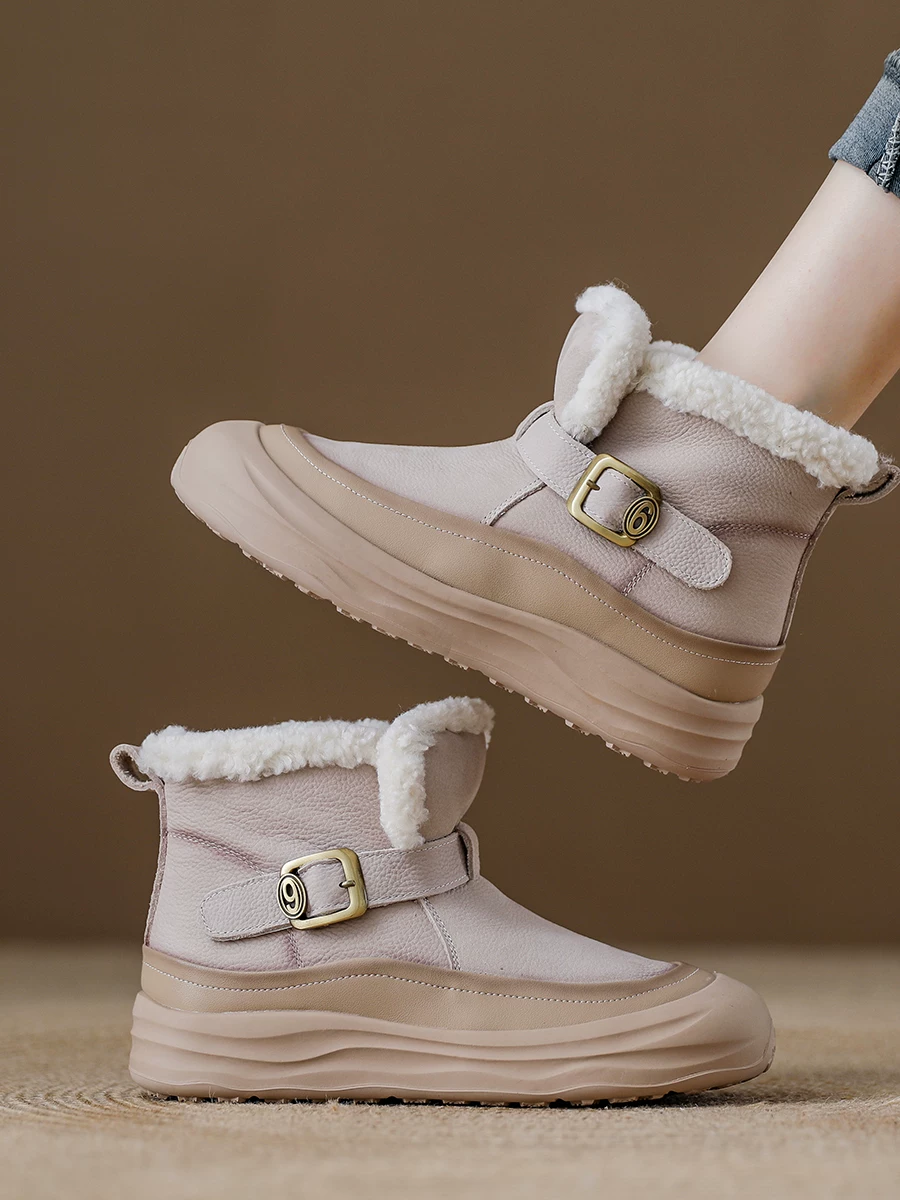 Giày bốt da trắng nữ, đế dày, lót lông cừu kiểu Birkenstock, mẫu mới mùa đông 2025, bốt bông ấm lót lông cừu.