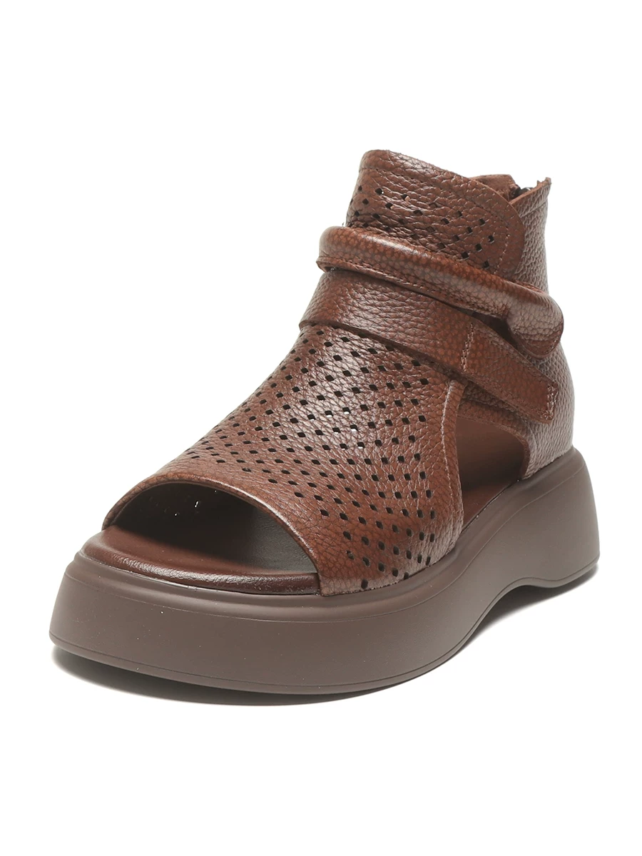 Giày sandal La Mã cổ điển bằng da thật dành cho nữ, đế dày, khoét lỗ, thoáng khí, kiểu dáng cao cổ, phong cách mới mùa hè 2026, giày hở mũi đục lỗ.