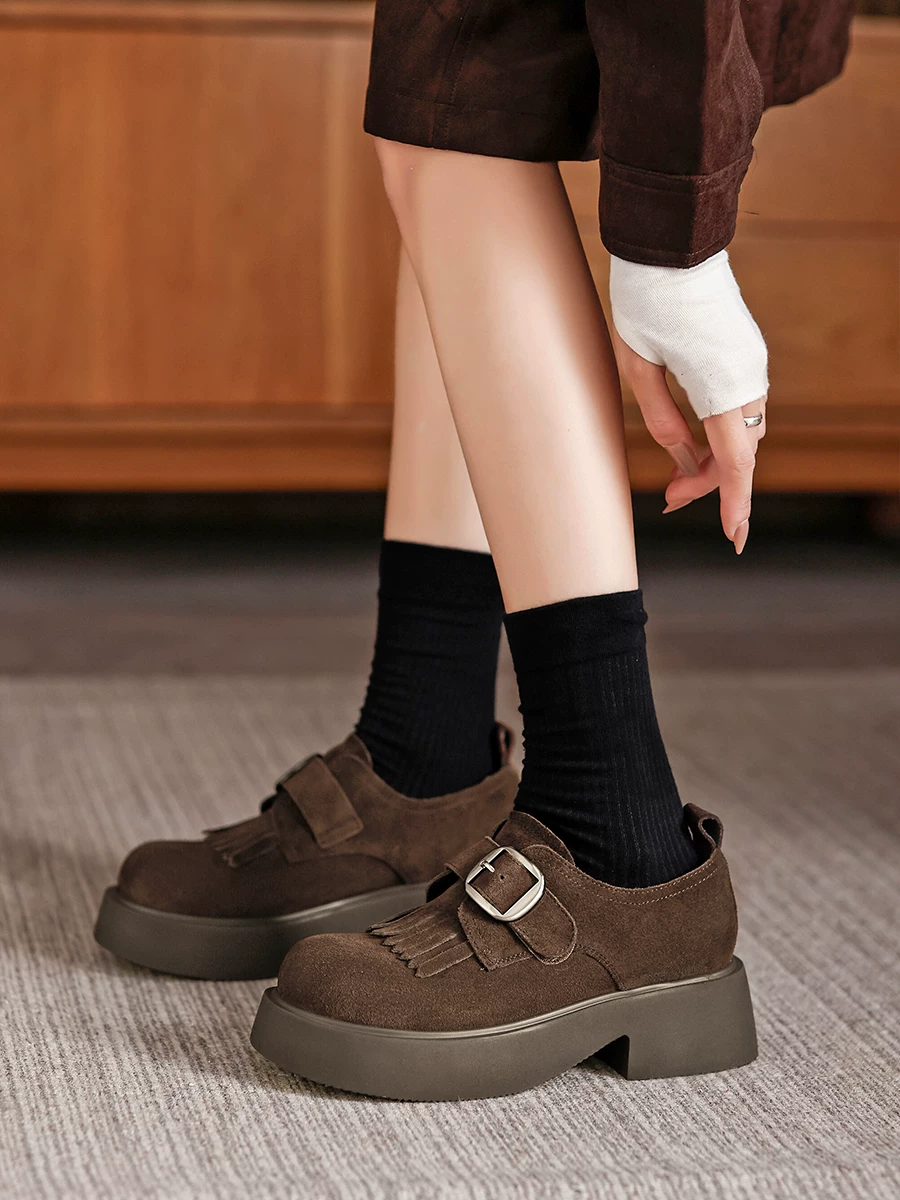 Giày da nữ kiểu Anh, gót dày đế cao, giày lười, giày đơn phong cách retro mới mùa thu 2025, giày Birkenstock da lộn.