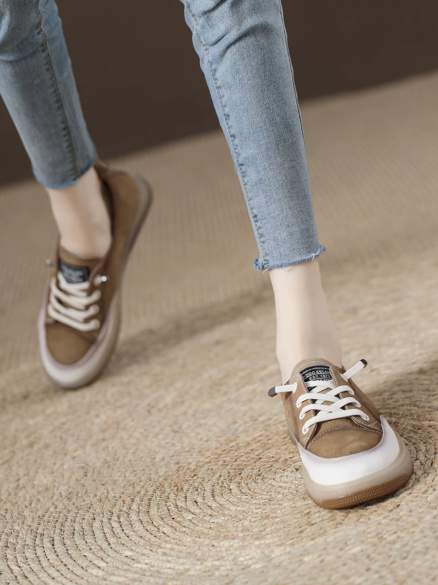 Giày lười nữ da thật, giày thể thao đế bằng da bò đỏ kiểu retro, mẫu mới thu 2025, giày đế cao su đi chơi.