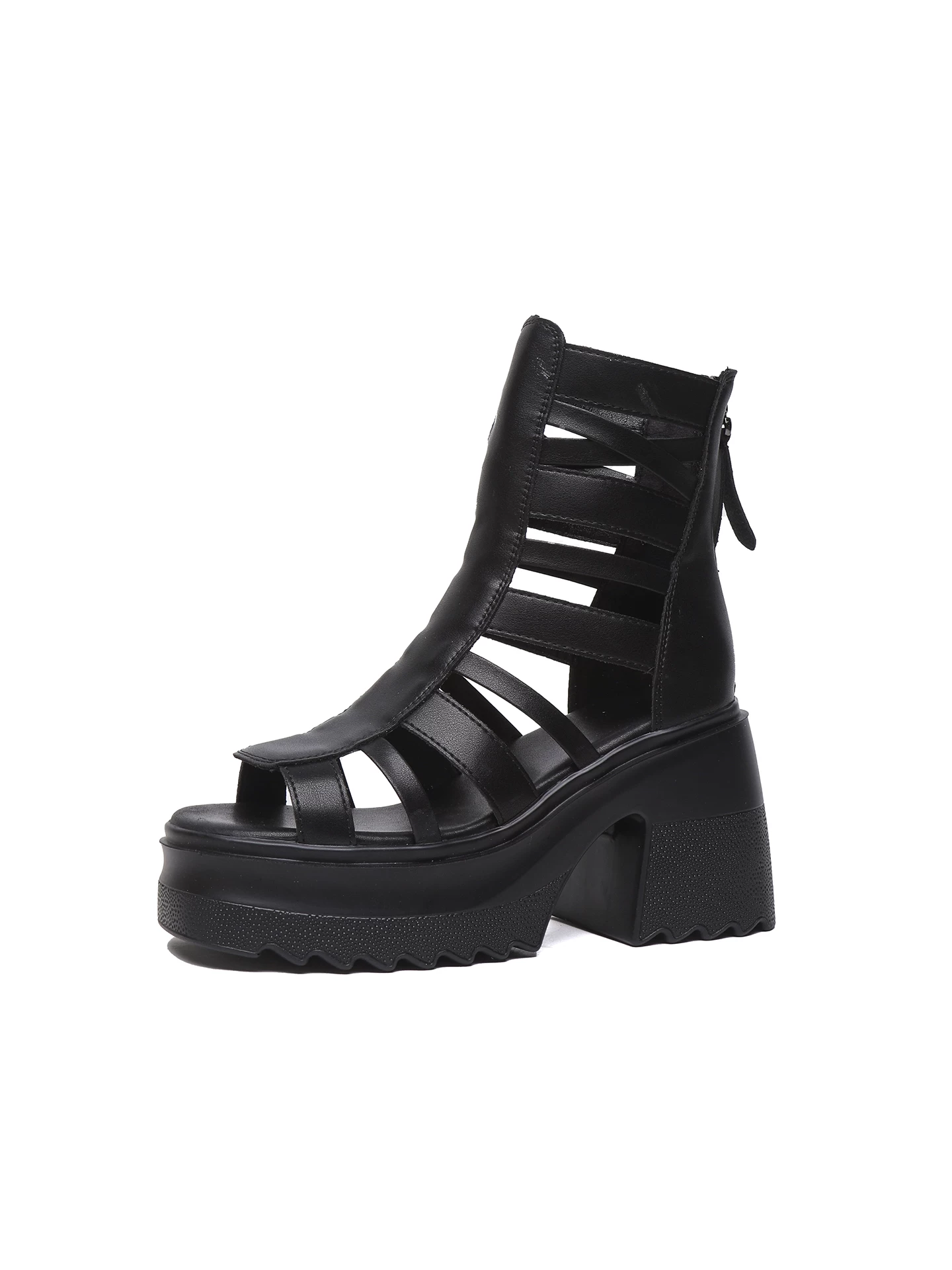 Giày sandal cao gót màu đen dành cho nữ, giày sandal đế dày tăng chiều cao, kiểu mới mùa hè 2026, giày La Mã cao cổ thoáng khí.