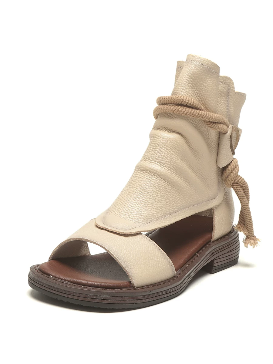 Giày sandal La Mã cổ điển bằng da thật dành cho nữ, giày sandal cao cổ hở mũi thông thường, phong cách mới mùa hè 2026, bốt ngắn thoáng khí khoét lỗ.