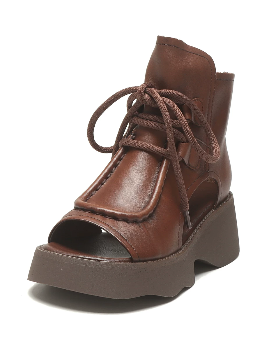 Giày sandal cao cổ đế dày dành cho nữ, giày La Mã da cổ điển, phong cách mới mùa hè 2026, sandal buộc dây thoáng khí.