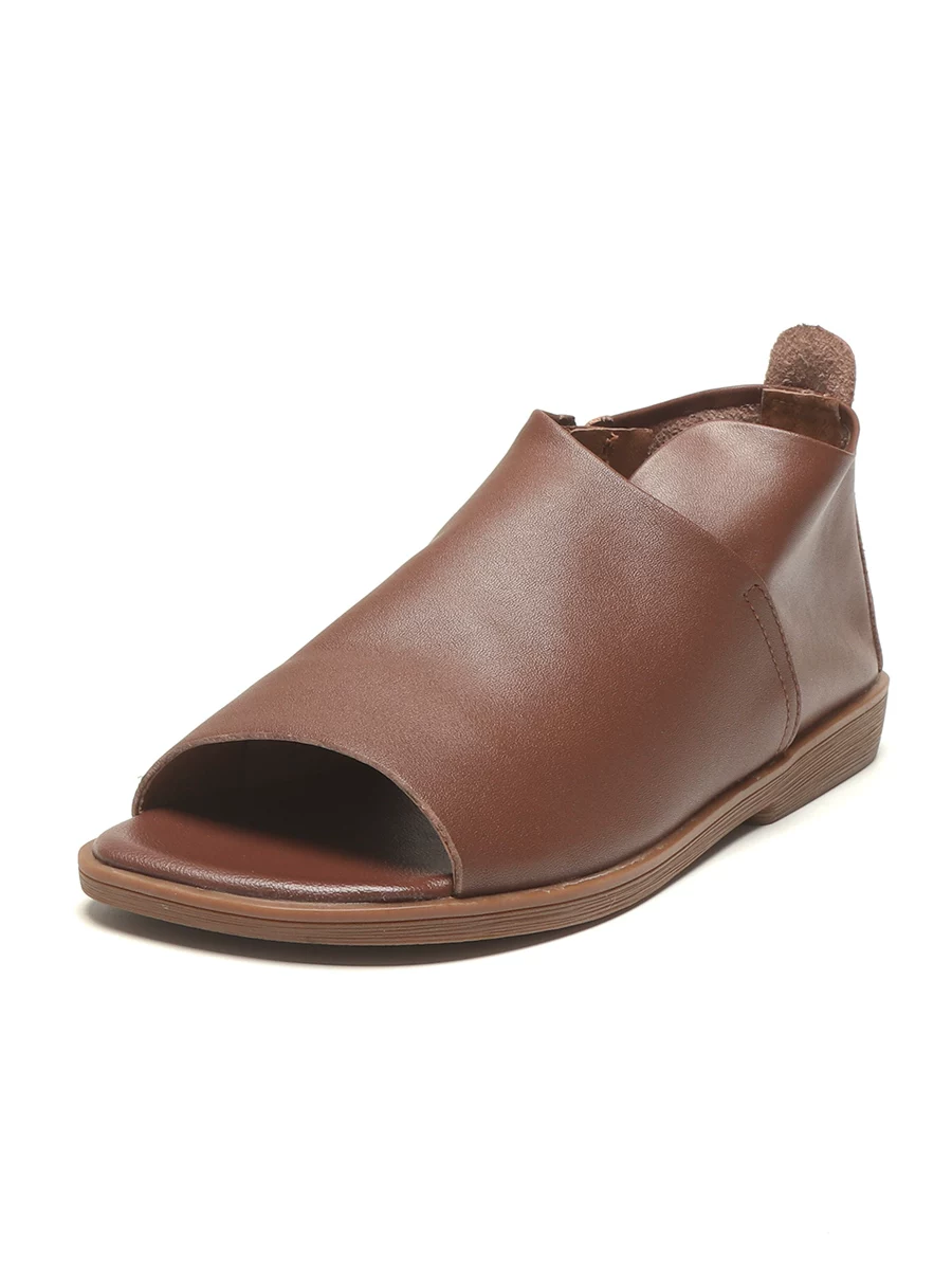 Giày sandal nữ da thật đế mềm hở mũi kiểu miệng cá, mẫu mới hè 2026, giày La Mã da bò retro phong cách giản dị, hở gót khoét lỗ.