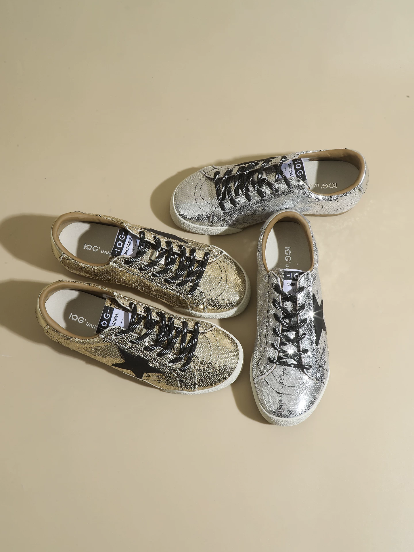 Giày thể thao nữ đính sequin cao cấp, kiểu retro, có đế tăng chiều cao ẩn, họa tiết sao, giày tập luyện Đức, mẫu giày thể thao thời trang mùa hè 2026.